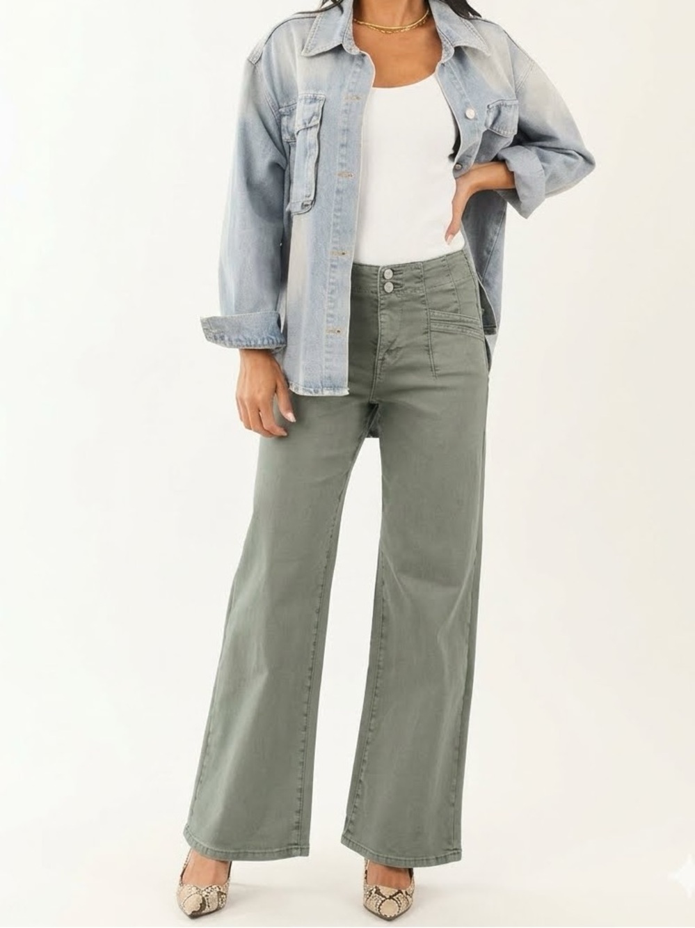 Mica Olive Green High Waisted Wide Leg 26